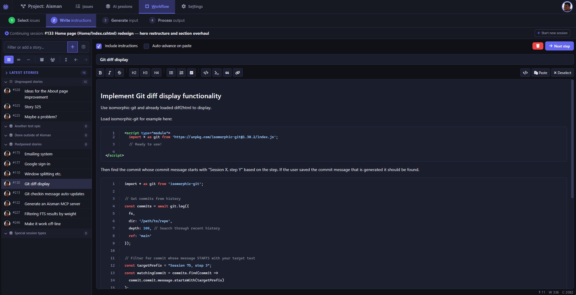 Step 2: Free-text insructions preview